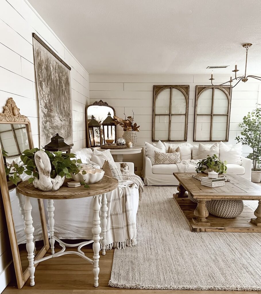 A rustic farmhouse living room.