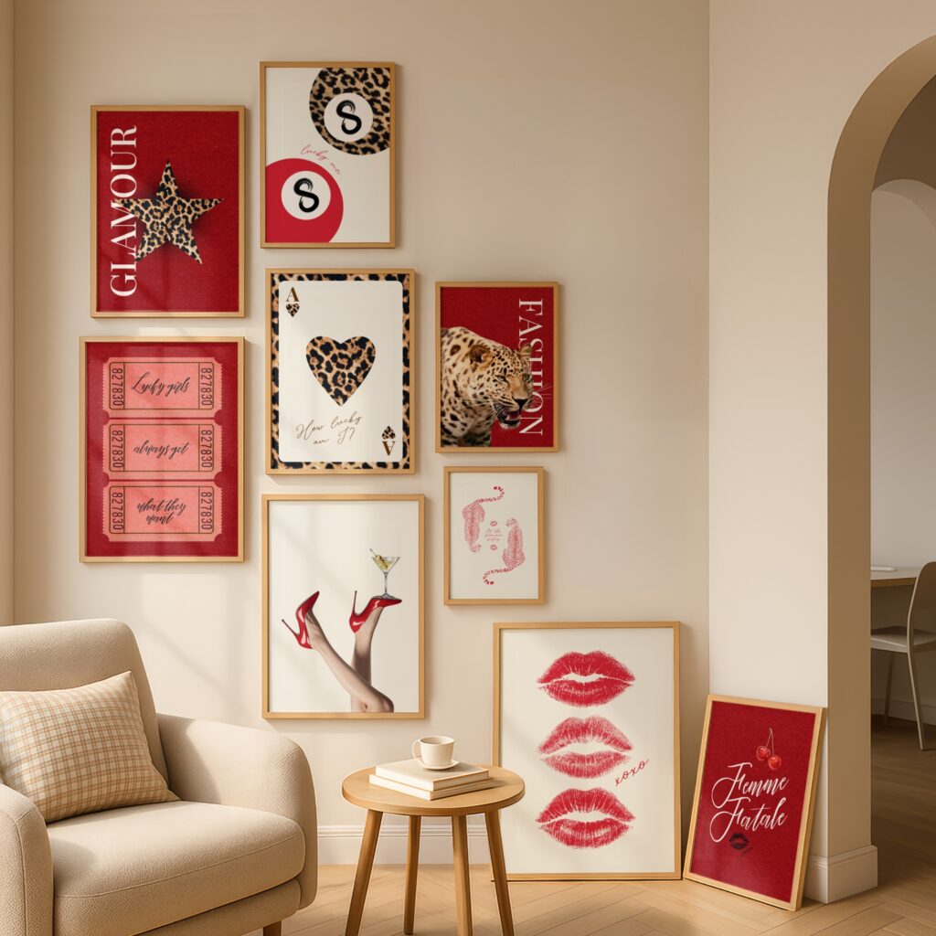 A trendy red print set of 9.