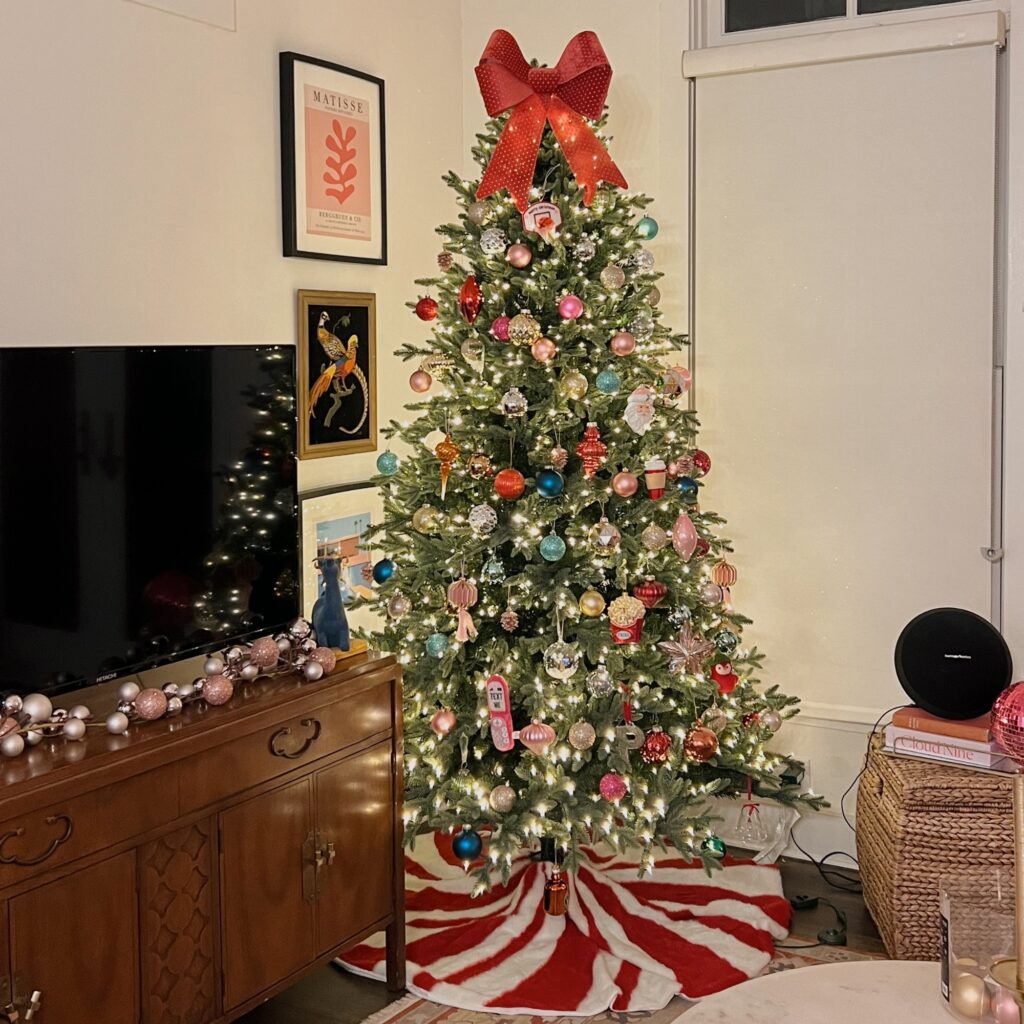 A Christmas living room with a bright Christmas tree.