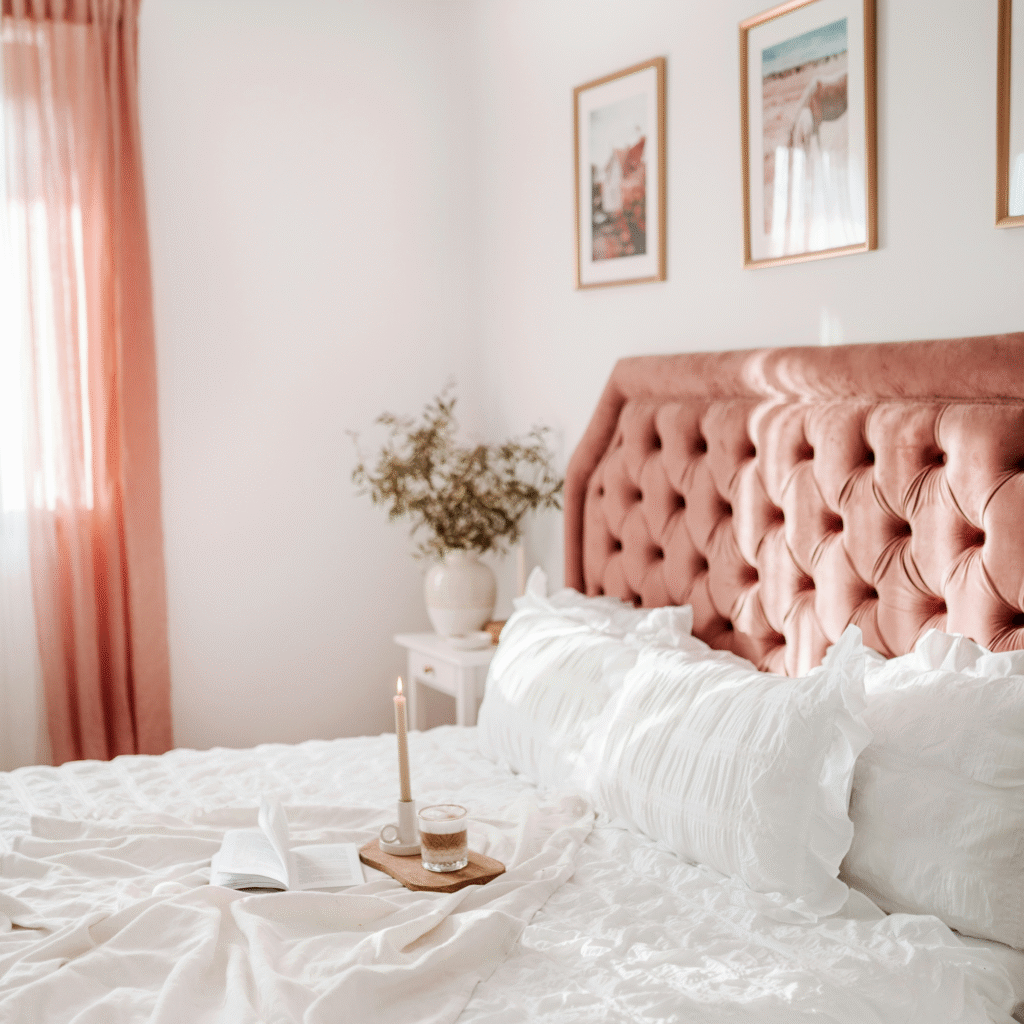 A feminine bedroom with a pink tufted headboard.
