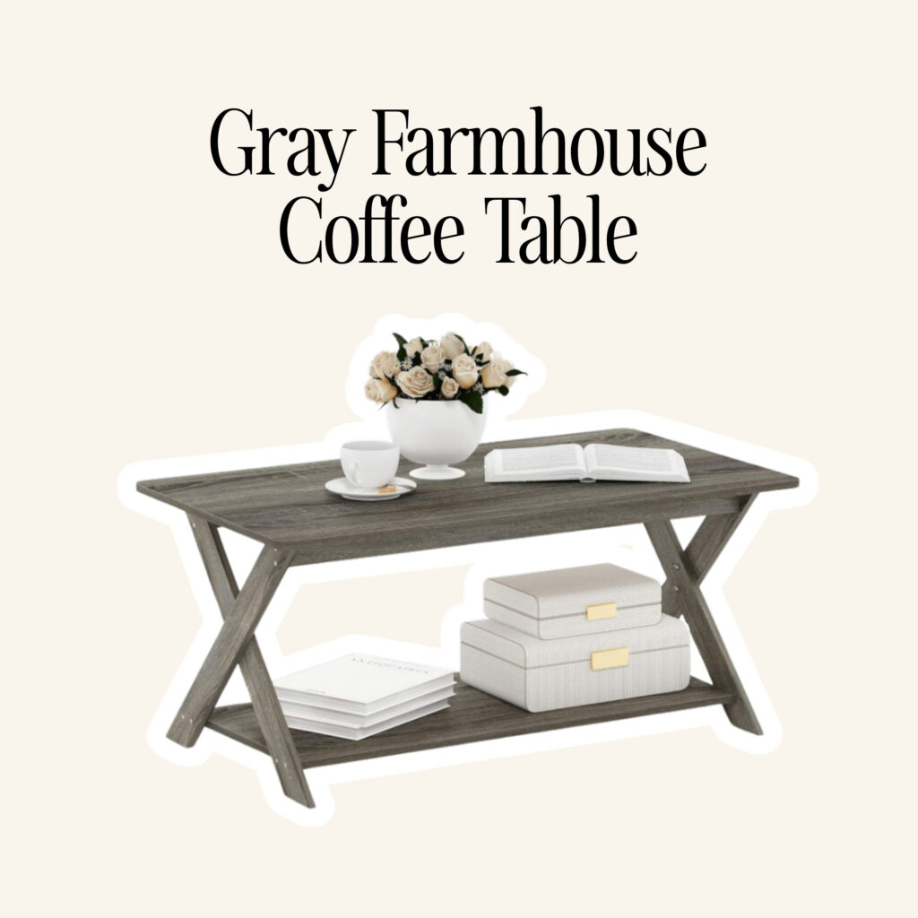 A gray farmhouse coffee table.