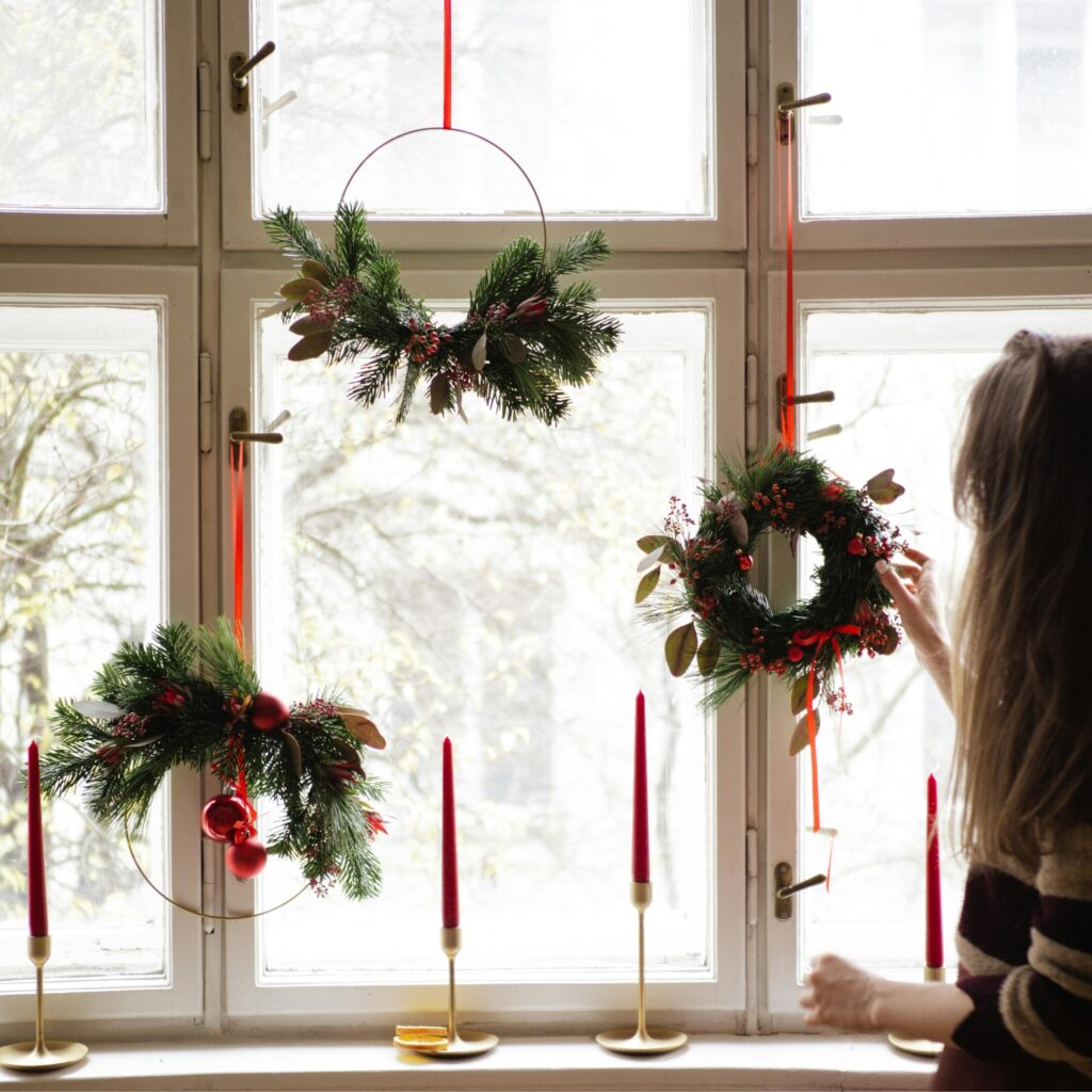 Christmas wreaths and candles.