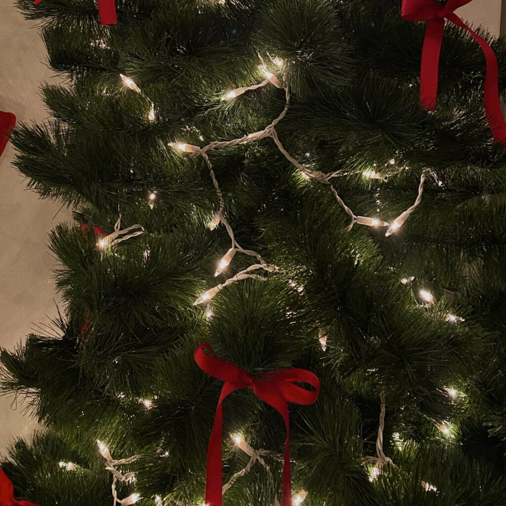 A Christmas tree with string lights.