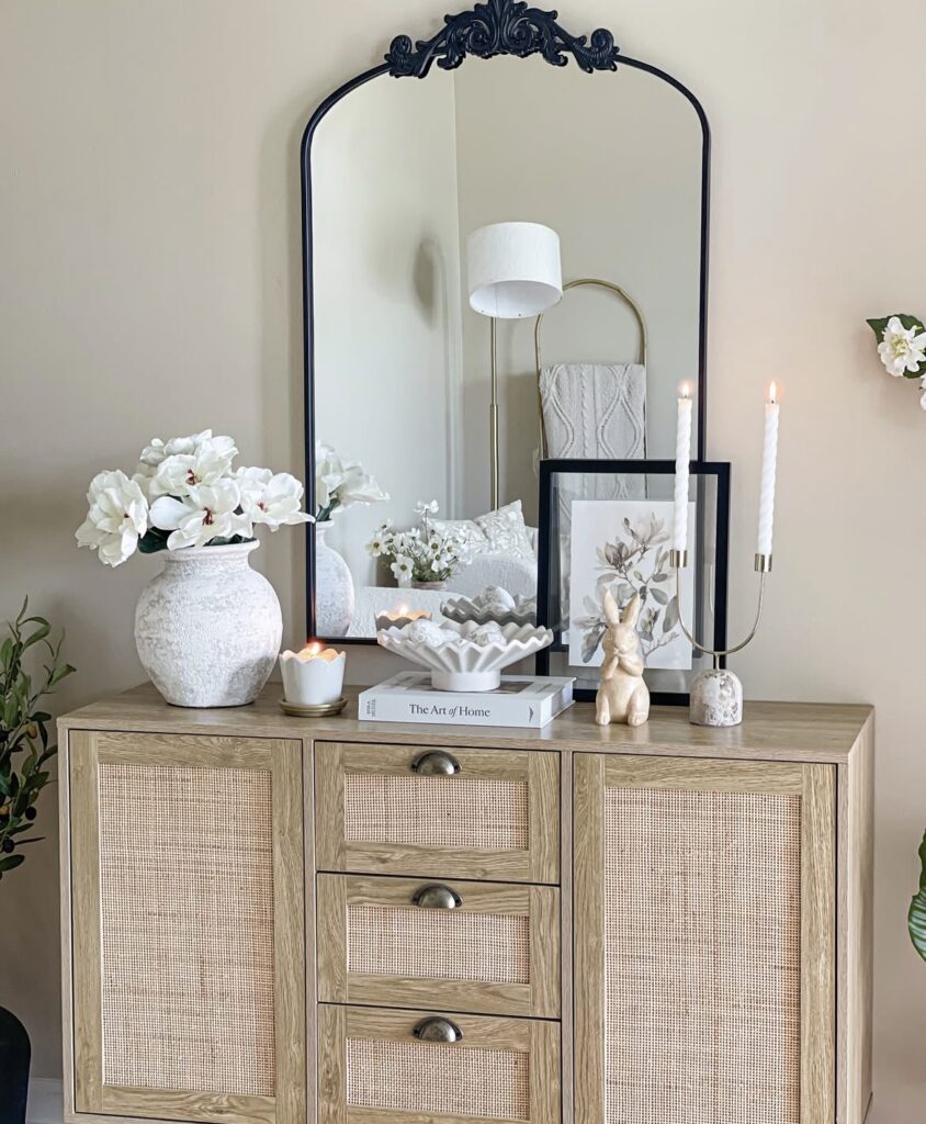 A woven console table with Easter decorations.