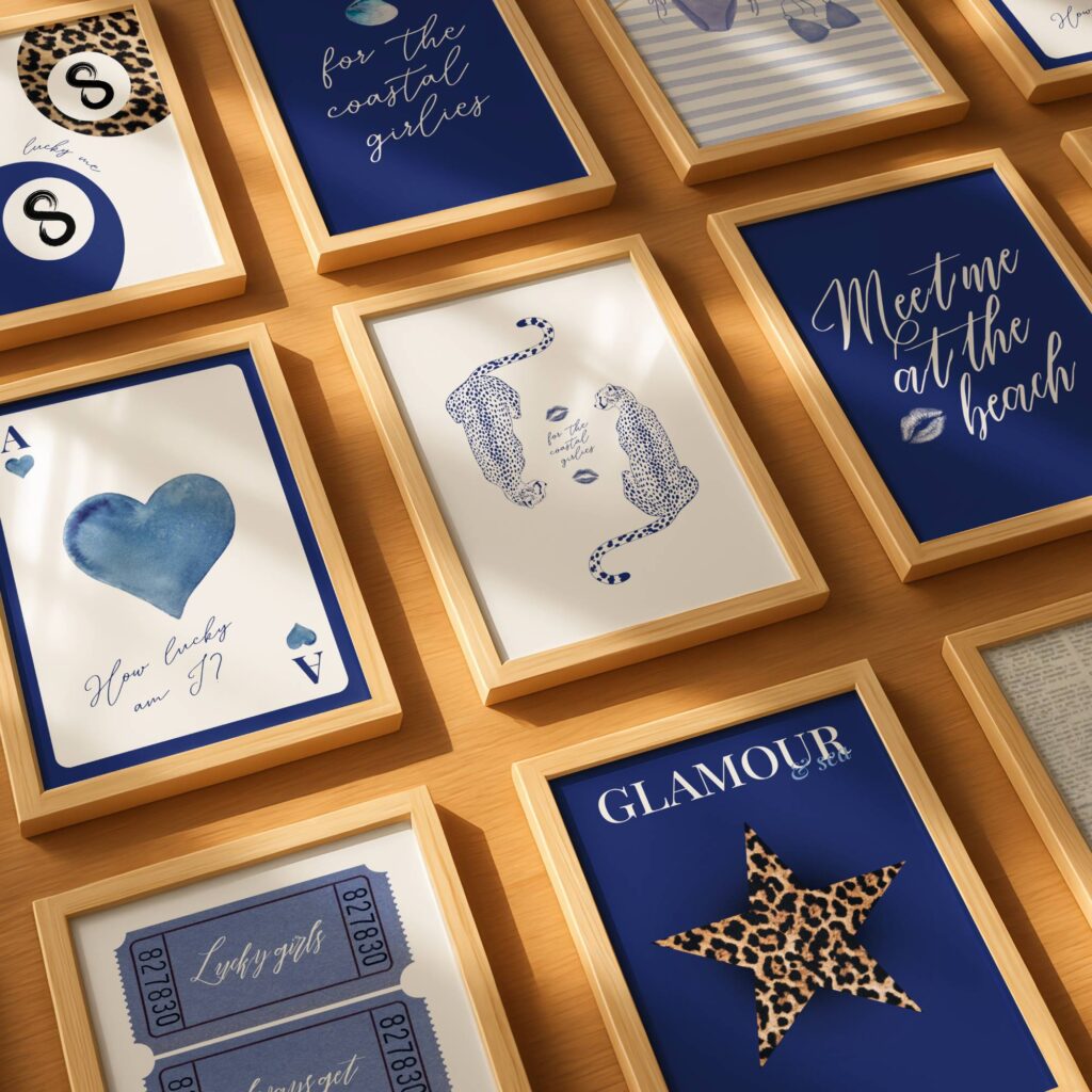 A trendy navy blue coastal print set of 9.