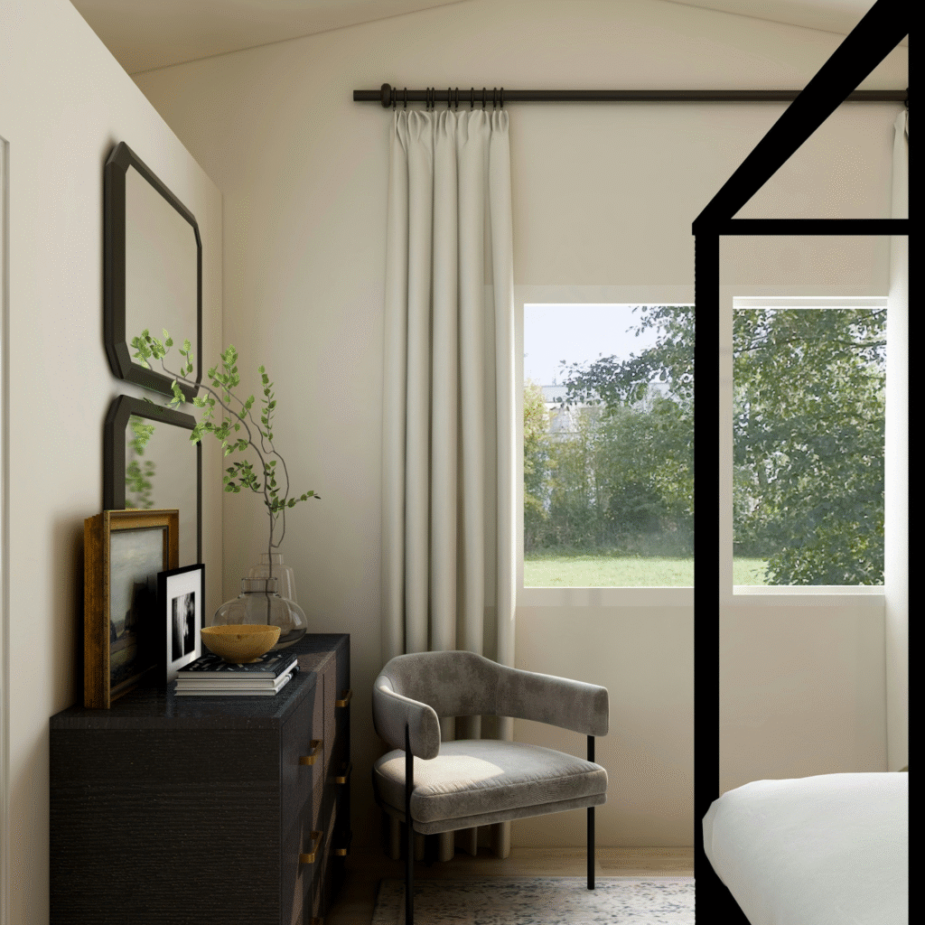 A modern bedroom with black furniture.