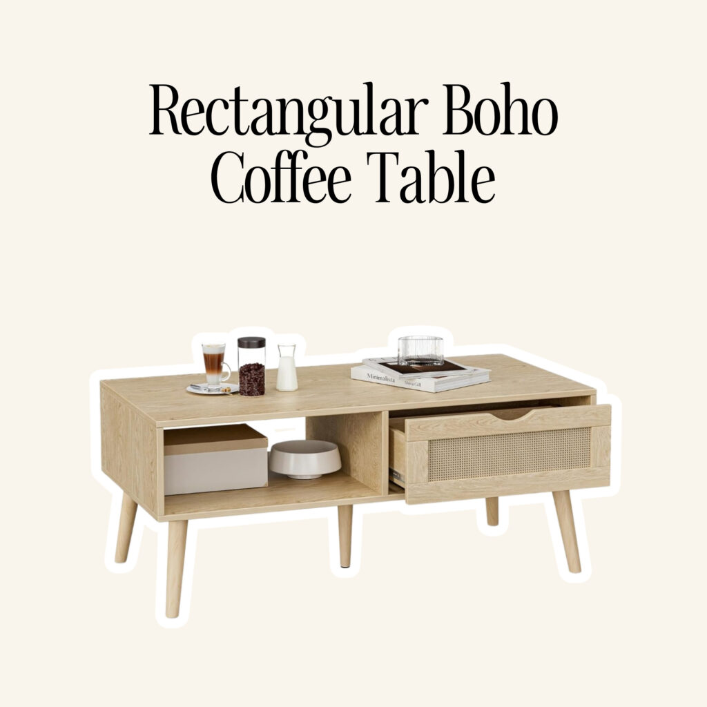 A rectangular boho coffee table.