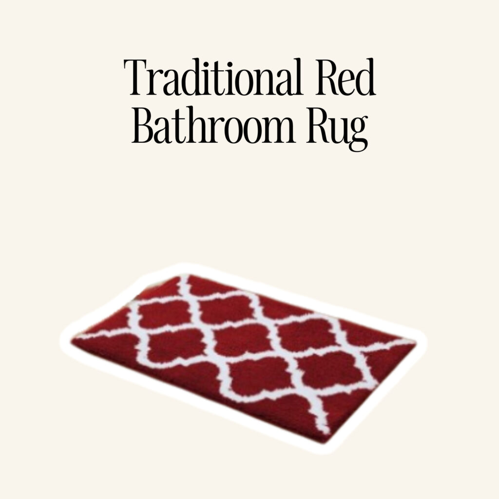 A traditional red bathroom rug.