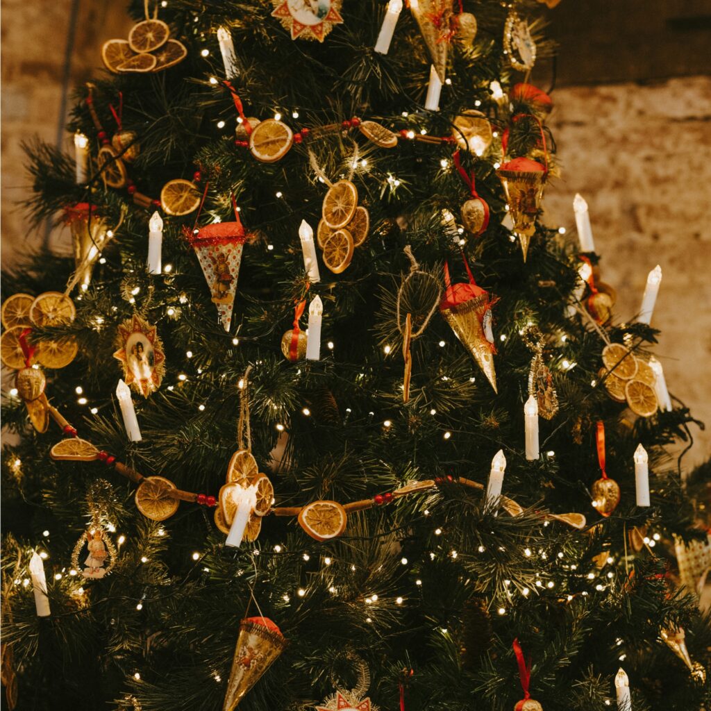 A Christmas tree with dried oranges.