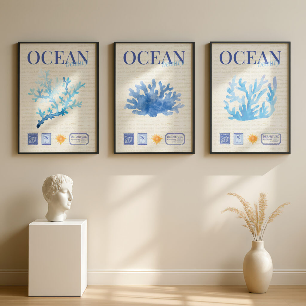 A vintage blue coral print set of 3.