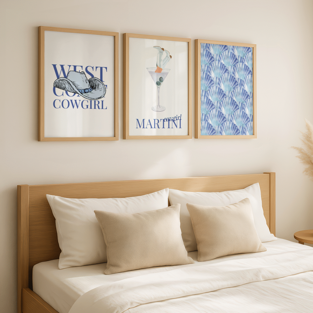 A wooden-framed coastal cowgirl printable wall art set of 3 above a bed.