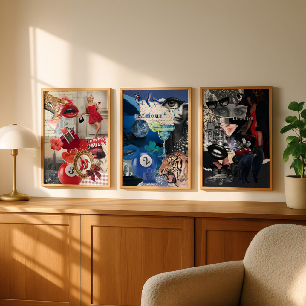 A trendy collage print set of 3.