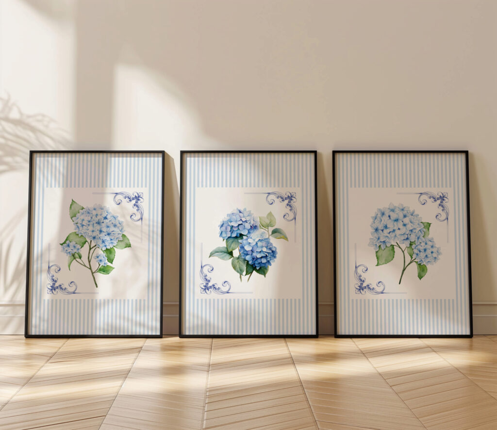 A blue hydrangea print set of 3.