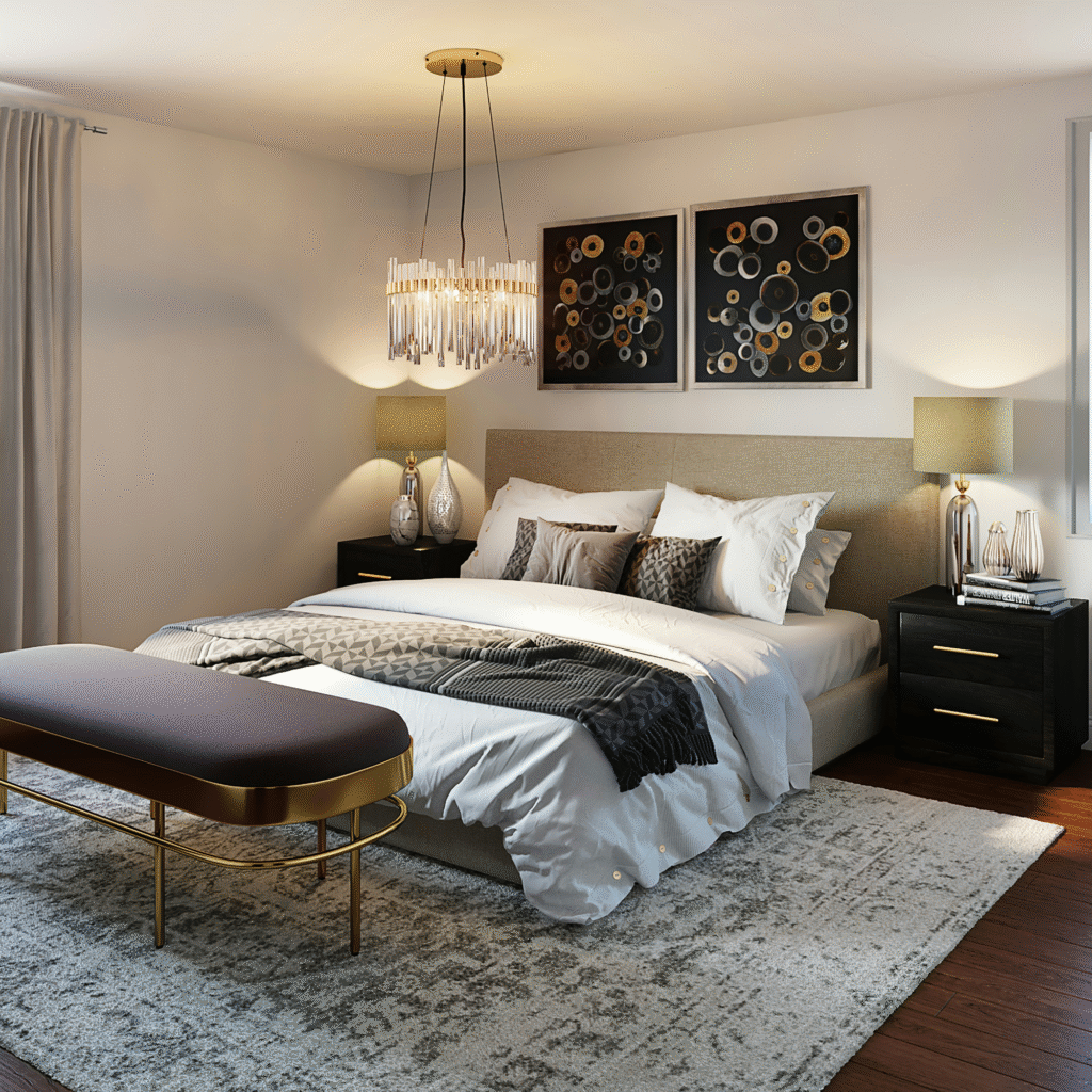 A modern glam bedroom.