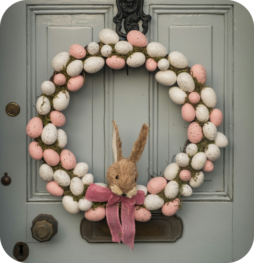 An Easter wreath with white and pink Easter eggs.