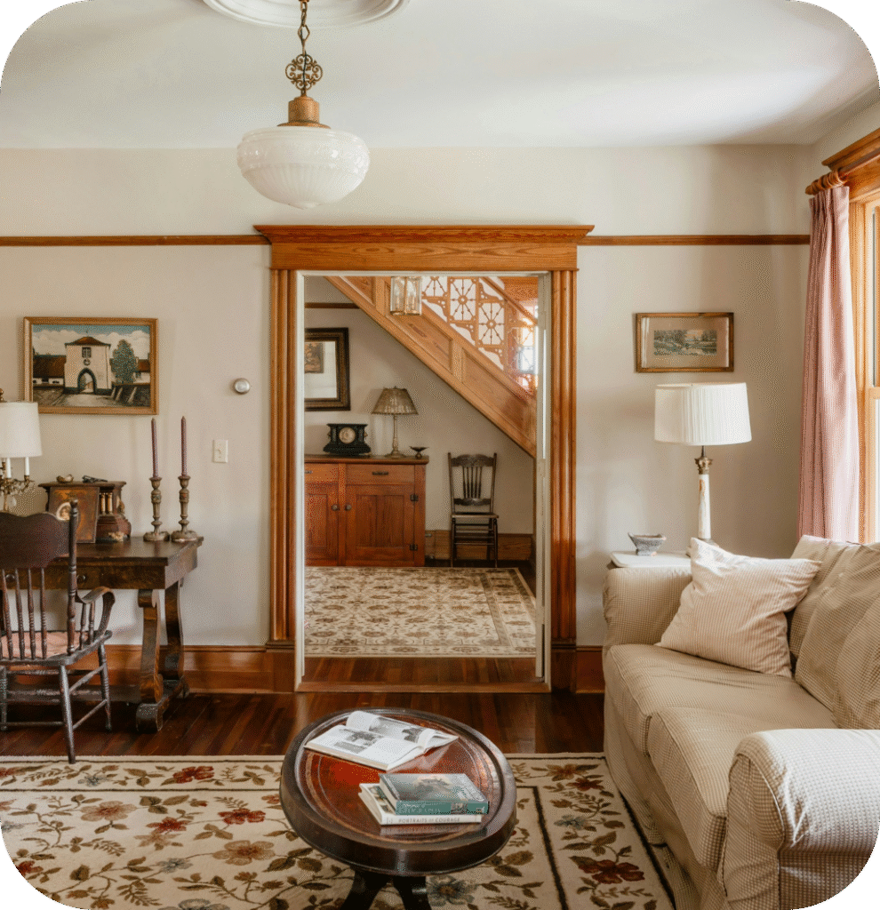 A Light Academia living room with a white sofa, a floral rug, a wooden coffee table and an antique light fixture.