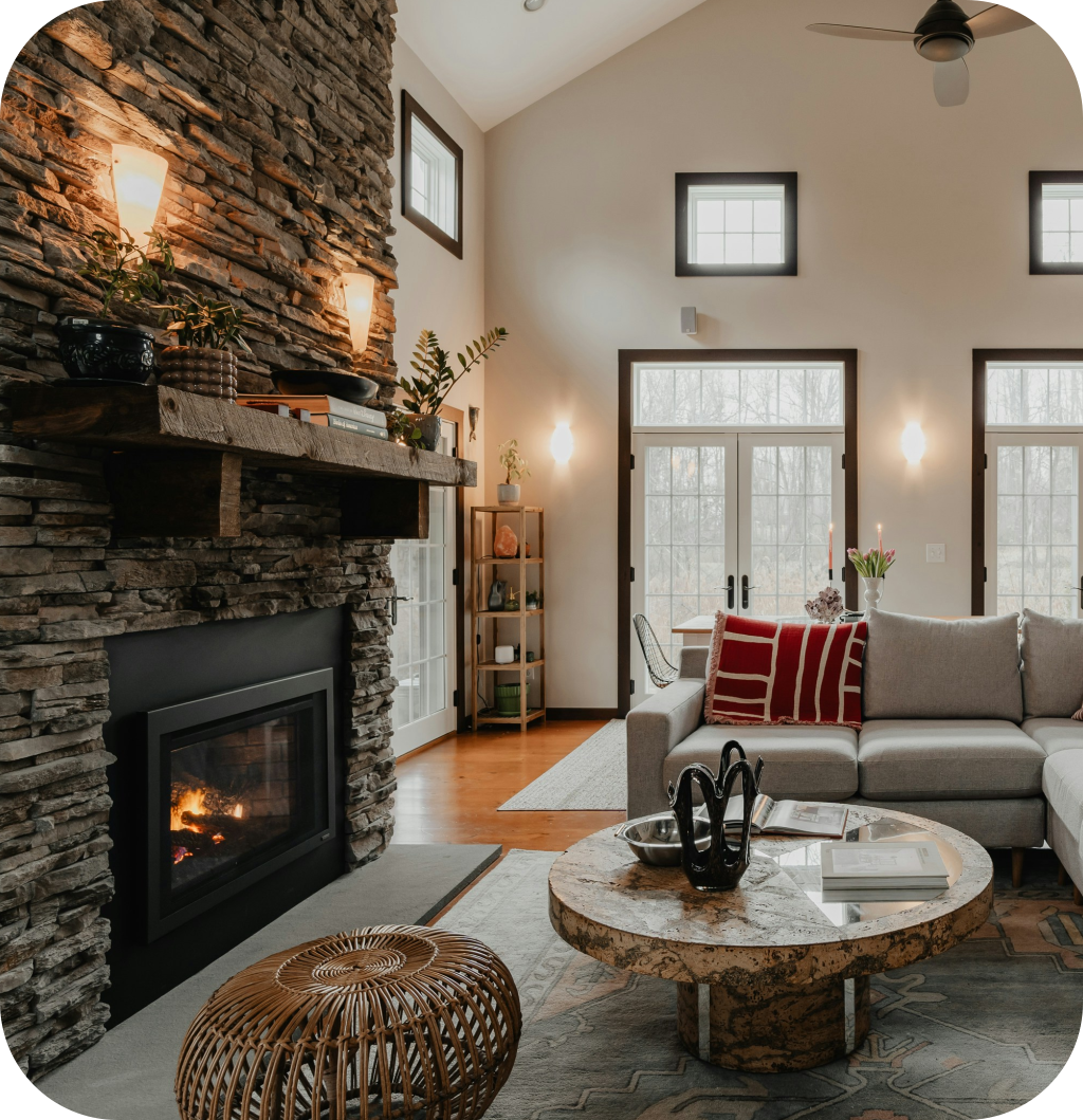 A rustic farmhouse living room.