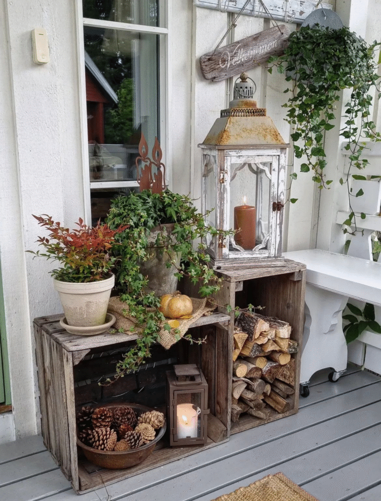 Wooden crates with candle lanterns.