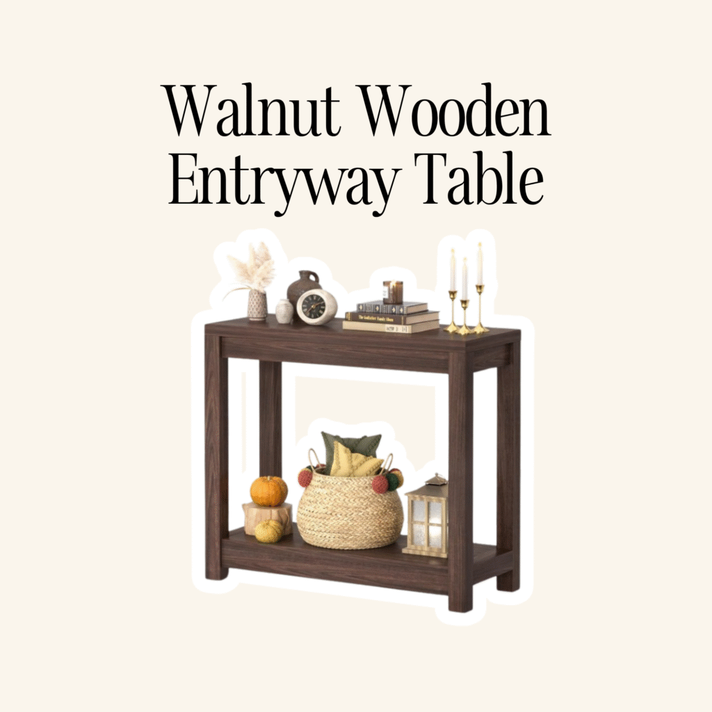 A walnut wooden entryway table.