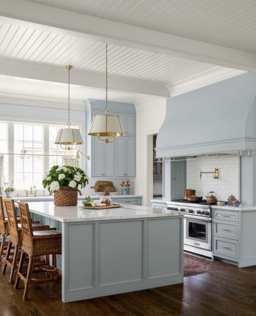 A blue kitchen.