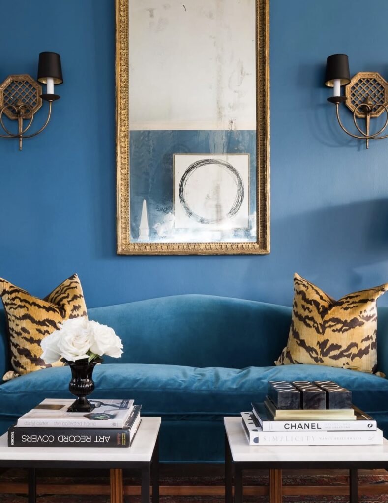A blue living room.