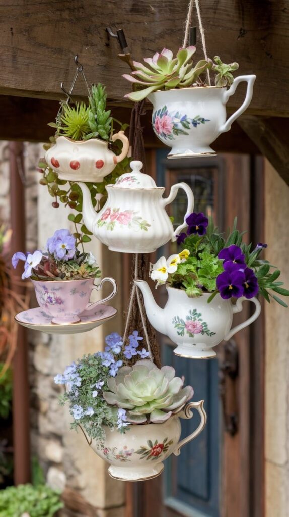 Antique teacups with flowers.