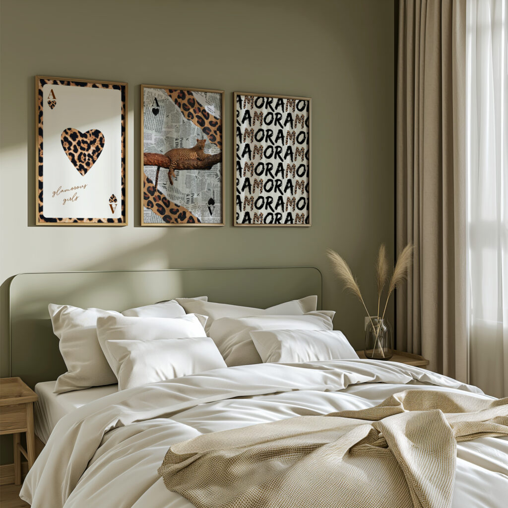 Trendy leopard prints in a bedroom.