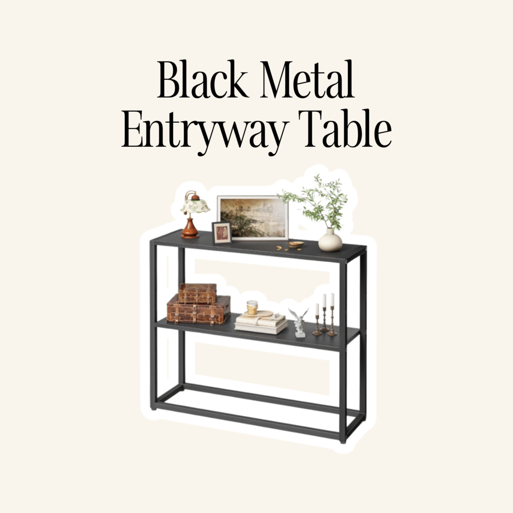 A black metal entryway table.