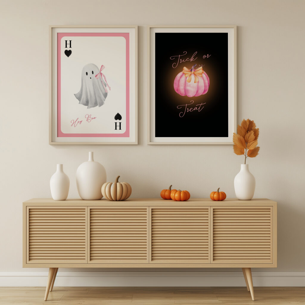 Coquette Halloween prints in an entryway.