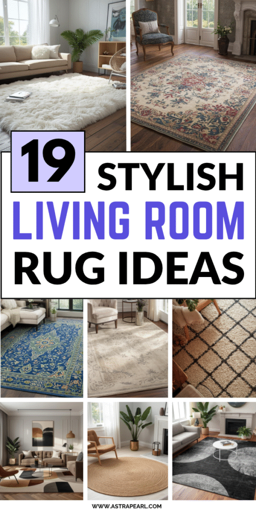 Pinterest Pin for living room rug ideas.