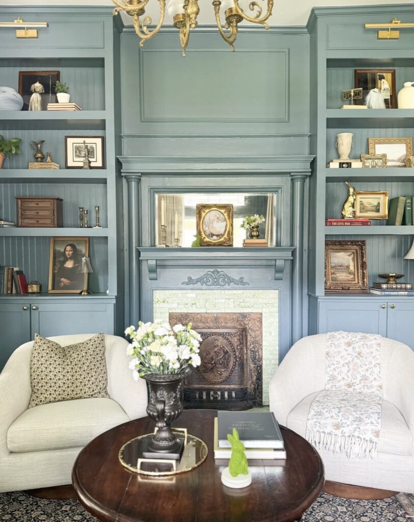 A blue living room.