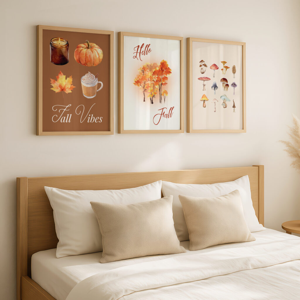 Fall prints in a bedroom.