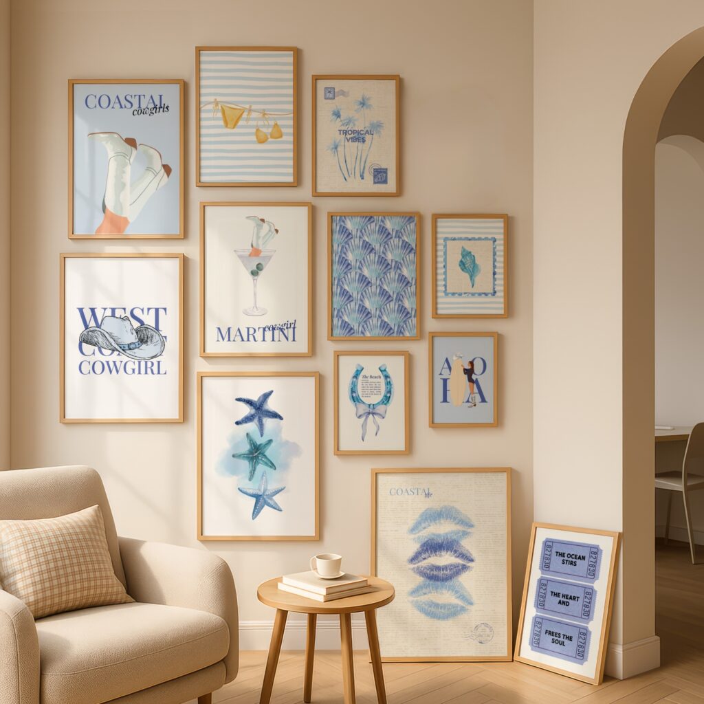 A coastal gallery wall in a living room.