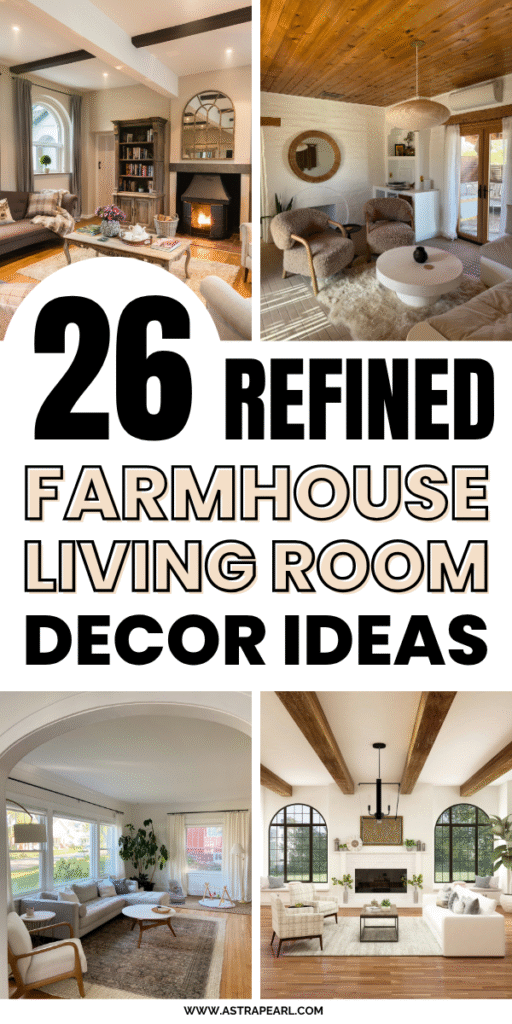 Pinterest Pin for farmhouse living room decor ideas.