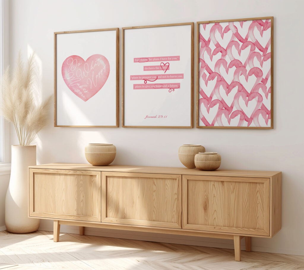 Trendy pink prints in an entryway.