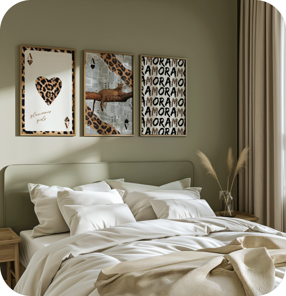 Trendy leopard prints in a bedroom.