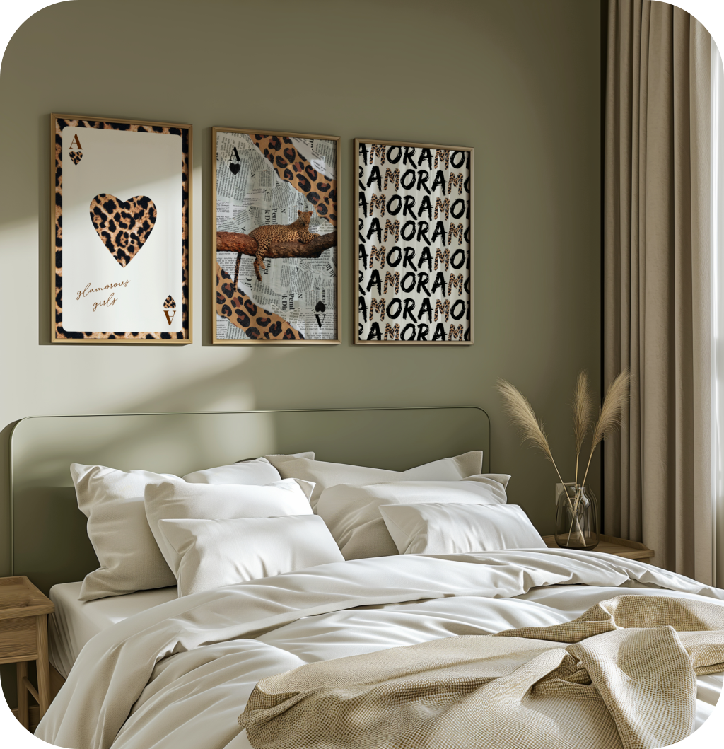 Trendy leopard prints in a bedroom.