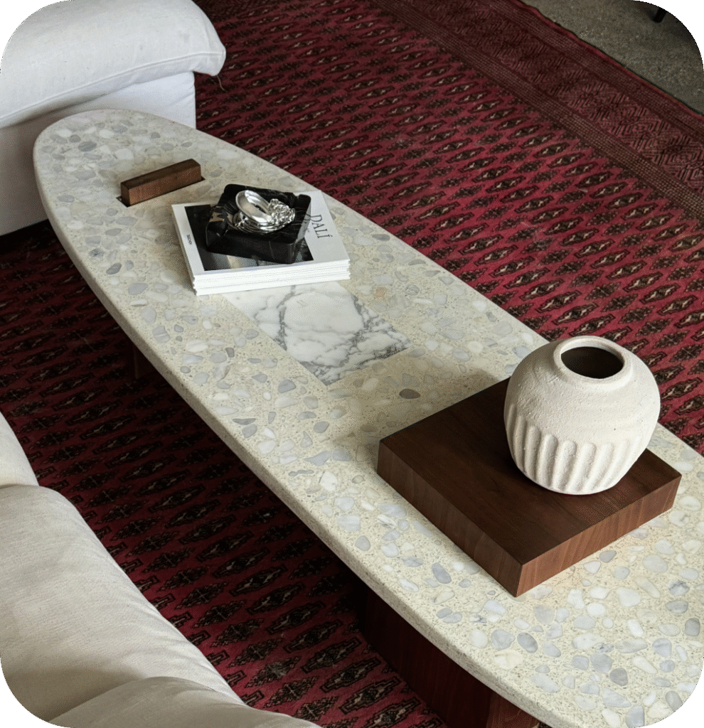 A red living room rug.