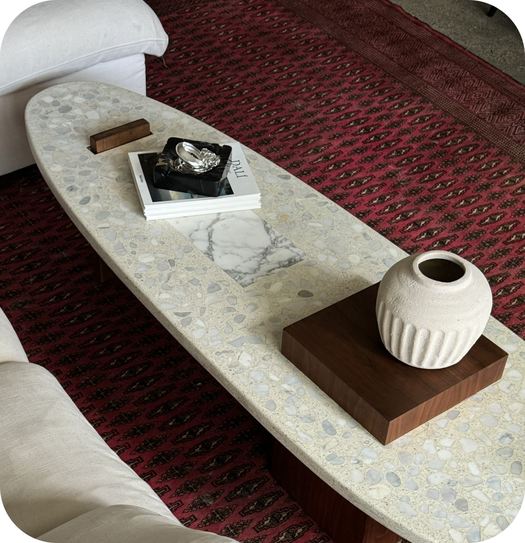 A red living room rug.