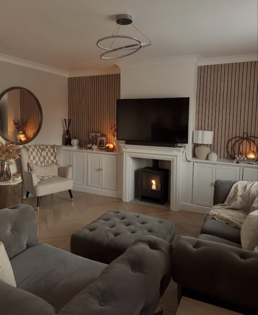 A living room with a mirror.