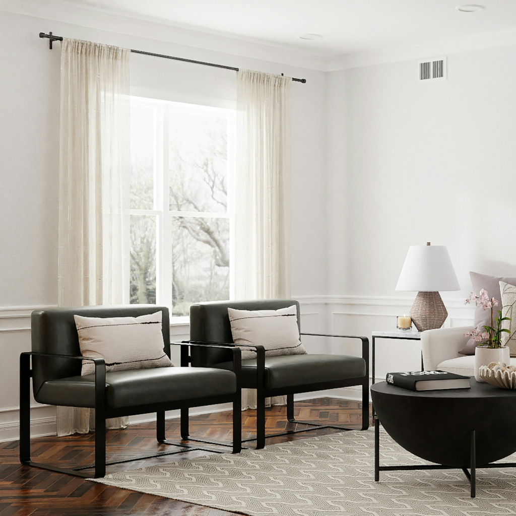 A living room with curtains.