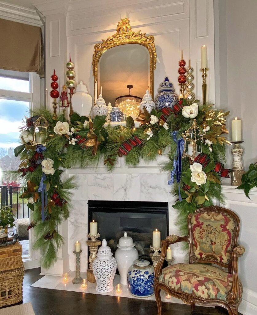 A Christmas mantel decor.