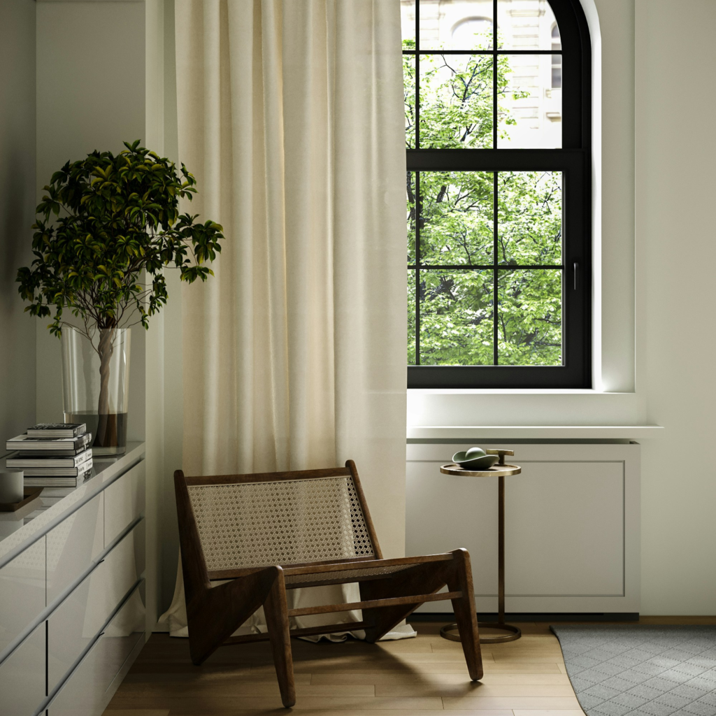 A living room with curtains.