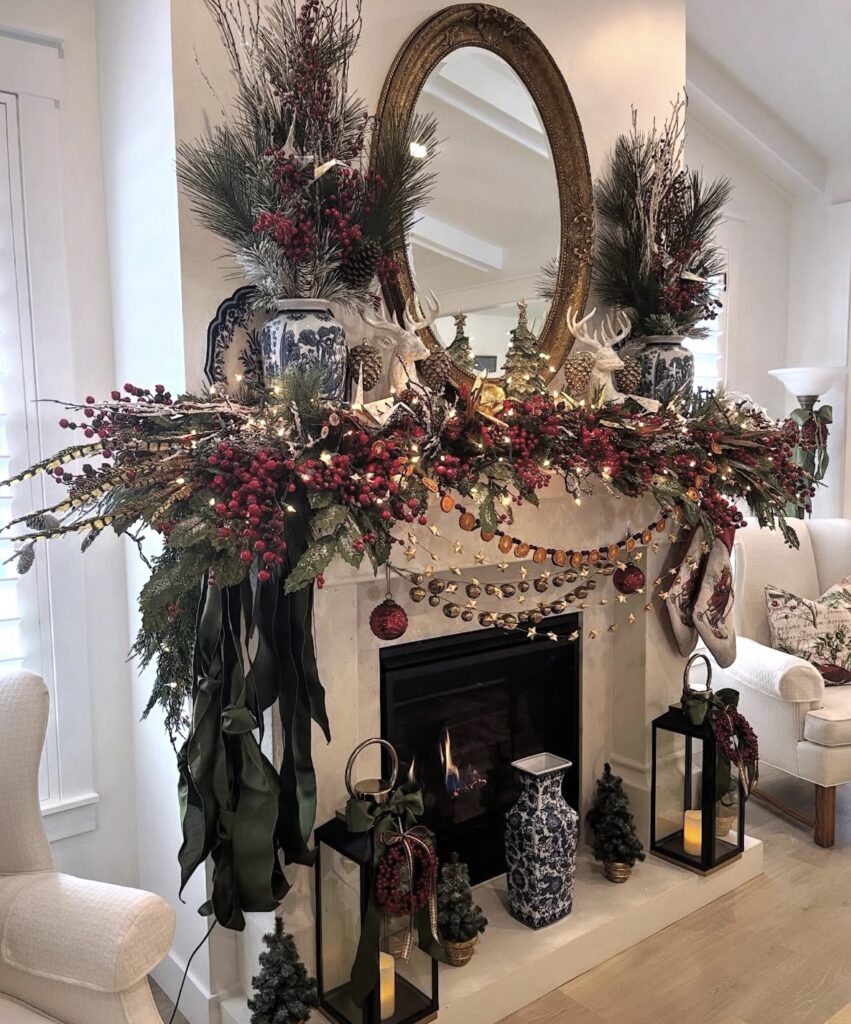 A Christmas mantel decor.