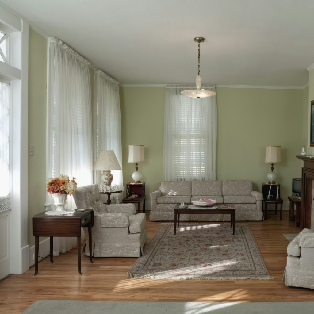 A living room with curtains.