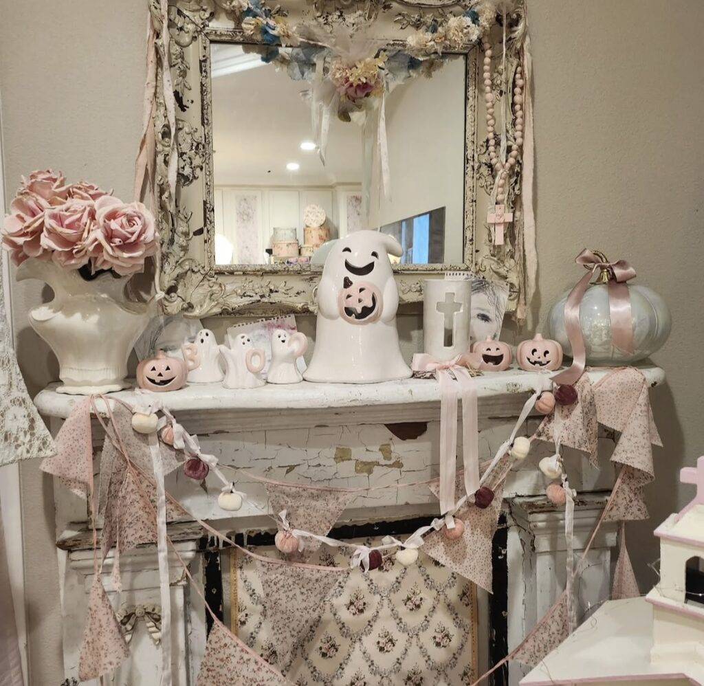 A shabby chic mantel decor.