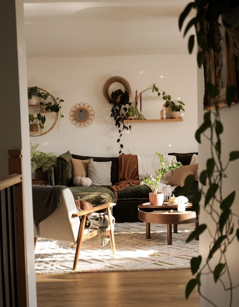 A living room with a mirror.