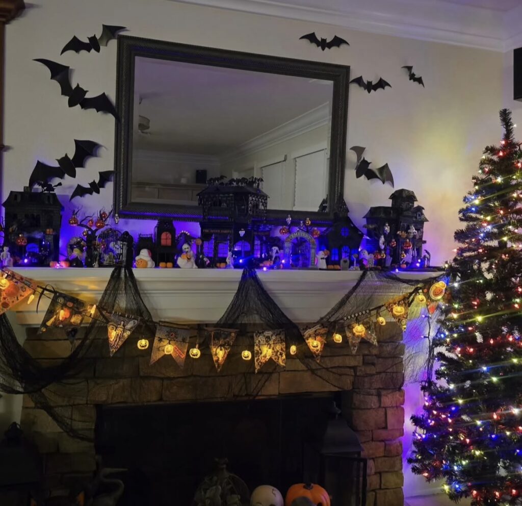 A Halloween mantel decor.