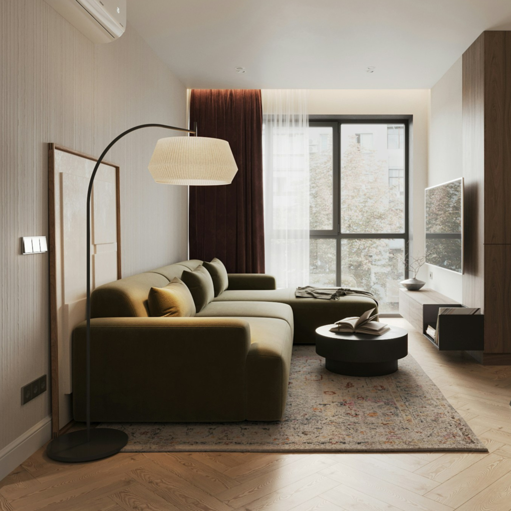 A living room with curtains.