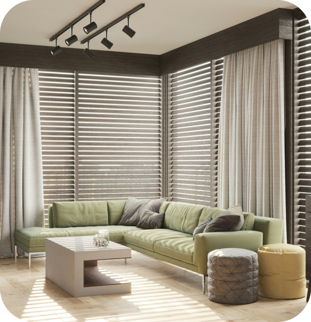 A living room with curtains.